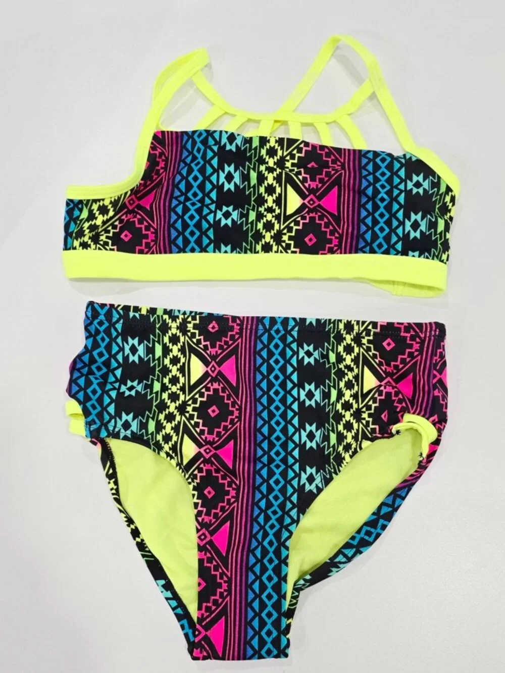 Justice ✦ Girls Neon Bikini Set ✦ Tribal Print High-Waisted UPF 50+ Size 8